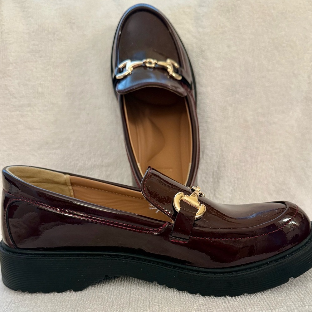 Women's Burgundy Patent Loafers with Gold Bit - Picture 3 of 7